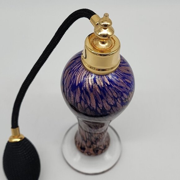 Cobalt Blue & Gold Flecks Perfume Atomizer Cased Glass Hand Blown Tassel VTG - Picture 2 of 9